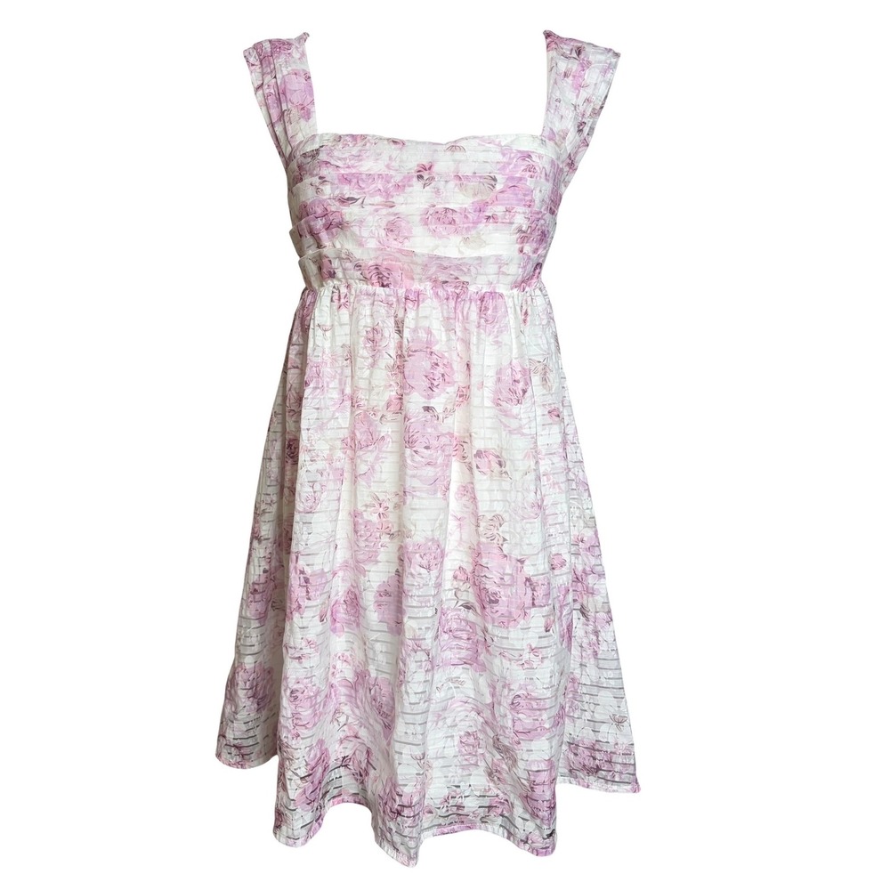 Storia Lilac Pink Floral Babydoll Dress L Coquette Cottagecore Romantic Mini